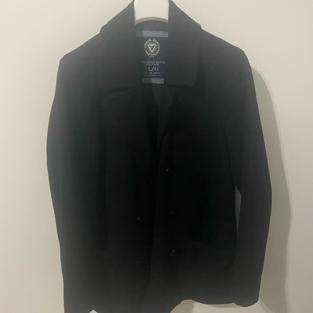 American Eagle Outfitters Men's Large Black Wool Blend Button Peacoat Coat